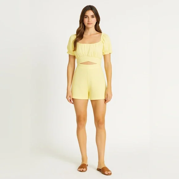 Very J Light Yellow Textured Romper Size Large NWOT - Picture 1 of 8